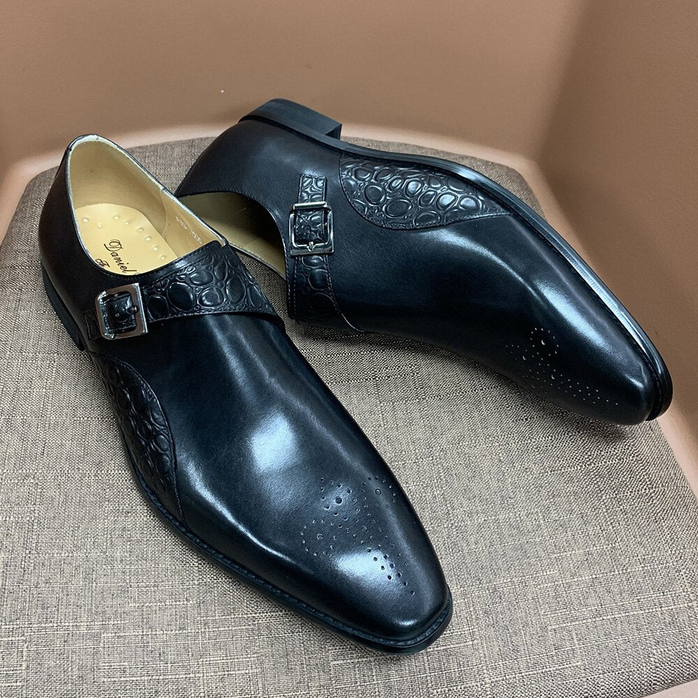 Luxury Men&#39;s Monk Strap Wedding Dress Shoes Alligator Print Genuine Calf Leather Handmade Business Office Formal Shoes for Men