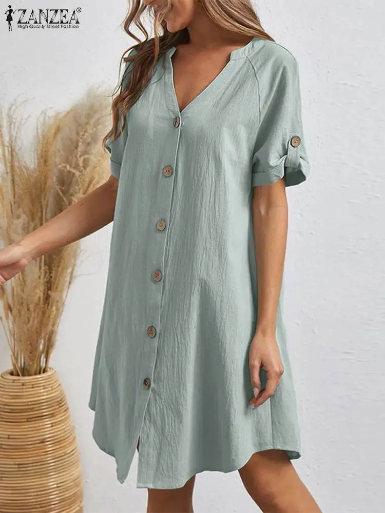 ZANZEA Elegant Women V Neck Short Sleeve Sundress Summer Fashion Casual Shirt Dress Robe Femme Button Knee-length Vestido Kaftan