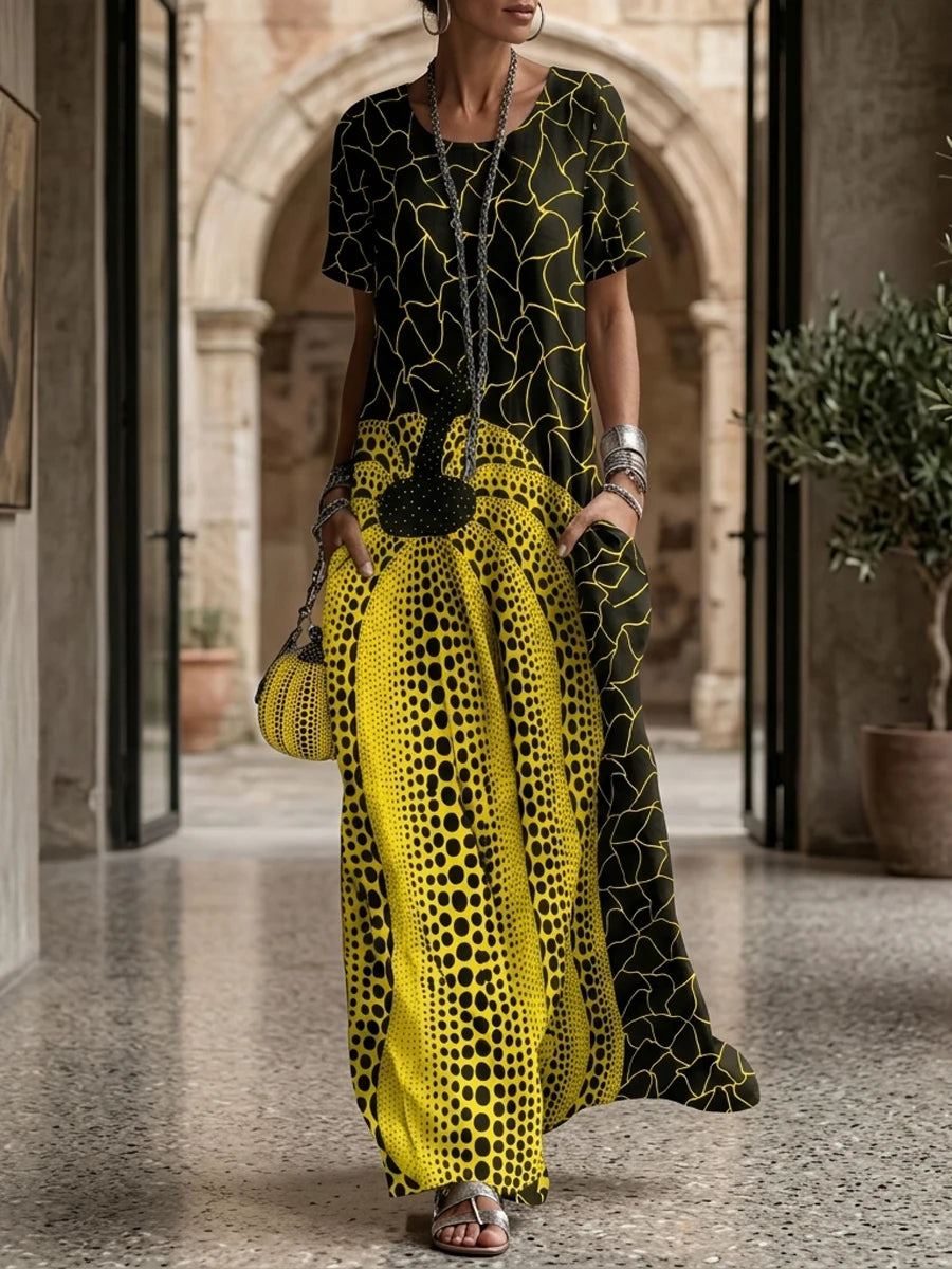 Freeacy 2026 Summer New Artistic Print Maxi Dress for Women Round Neck Short Sleeve Casual Party Dresses Vacation Sundress