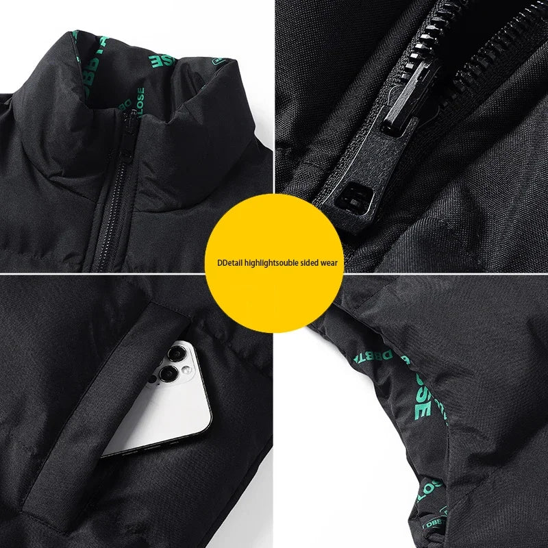 Embroidered men's double-sided vest winter sleeveless jacket, thick and warm, sporty and fashionable top, casual street jacket