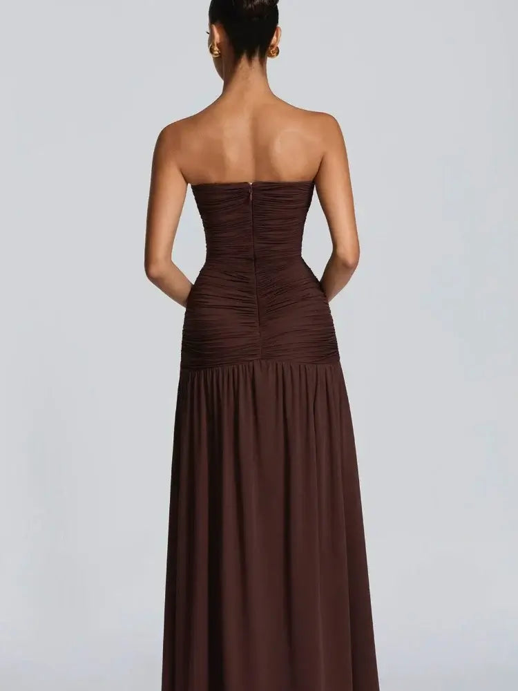 Chaxiaoa Trägerlose tiefe V-Ausschnitt geraffte Maxikleider für Damen 2026 Elegantes Bodycon Party Abendkleid mit hohem Schlitz Weiß Kaffee