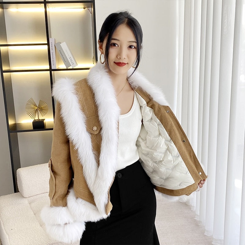 2023 Winter New Imported Fox Fur Denim Coat White Goose Down Jacket Loose Female Short Top