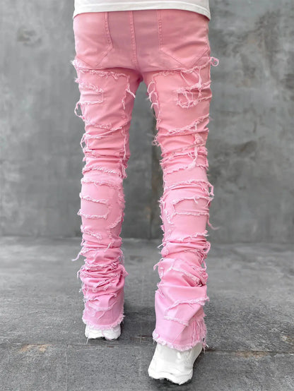 New Fashion Stretch Jeans Man Stacked Jeans Elastic Waist Straight Fit Patchworks Denim Long Pants Fringe Ripped Jeans For Men