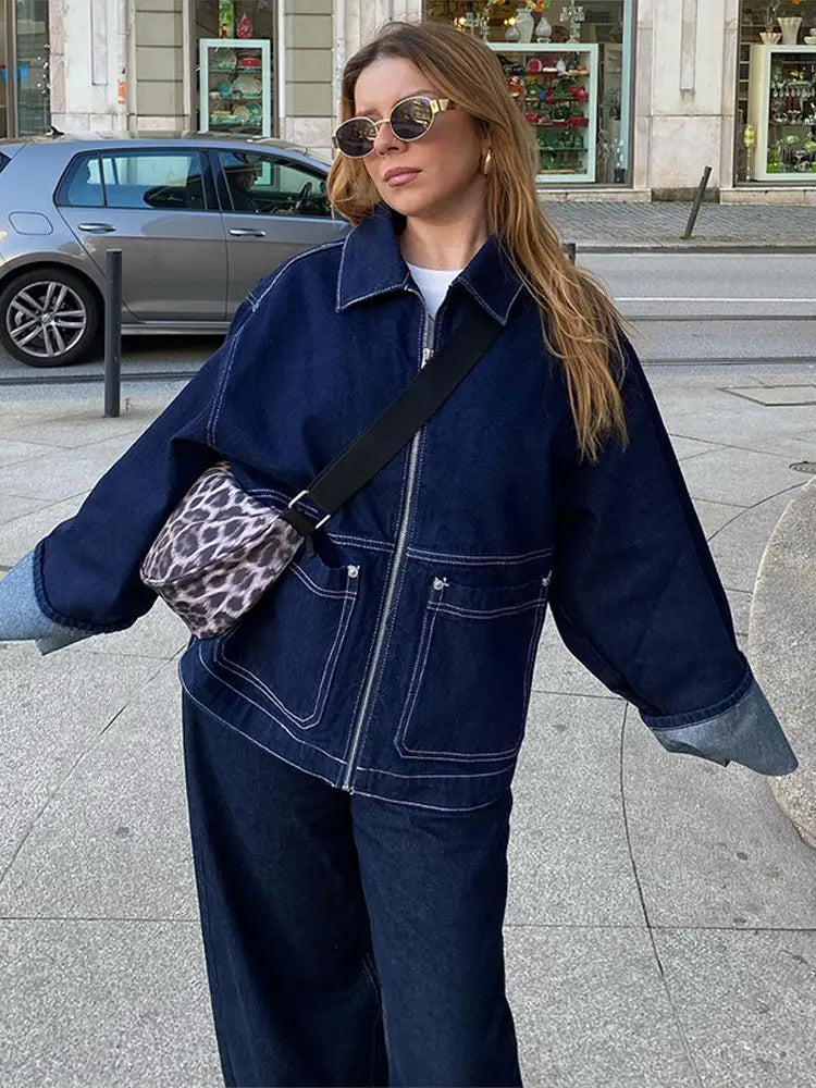 Fashion Denim Jacket Set Women Lapel Single Breasted Long Sleeve Coat Straight Jeans Pants 2025 Spring Lady  High Street Outfits