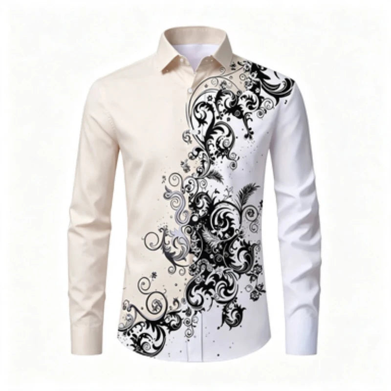 Men's long sleeved shirt, European and American men's printed long sleeved shirt, collared European patterned shirt, trendy casu