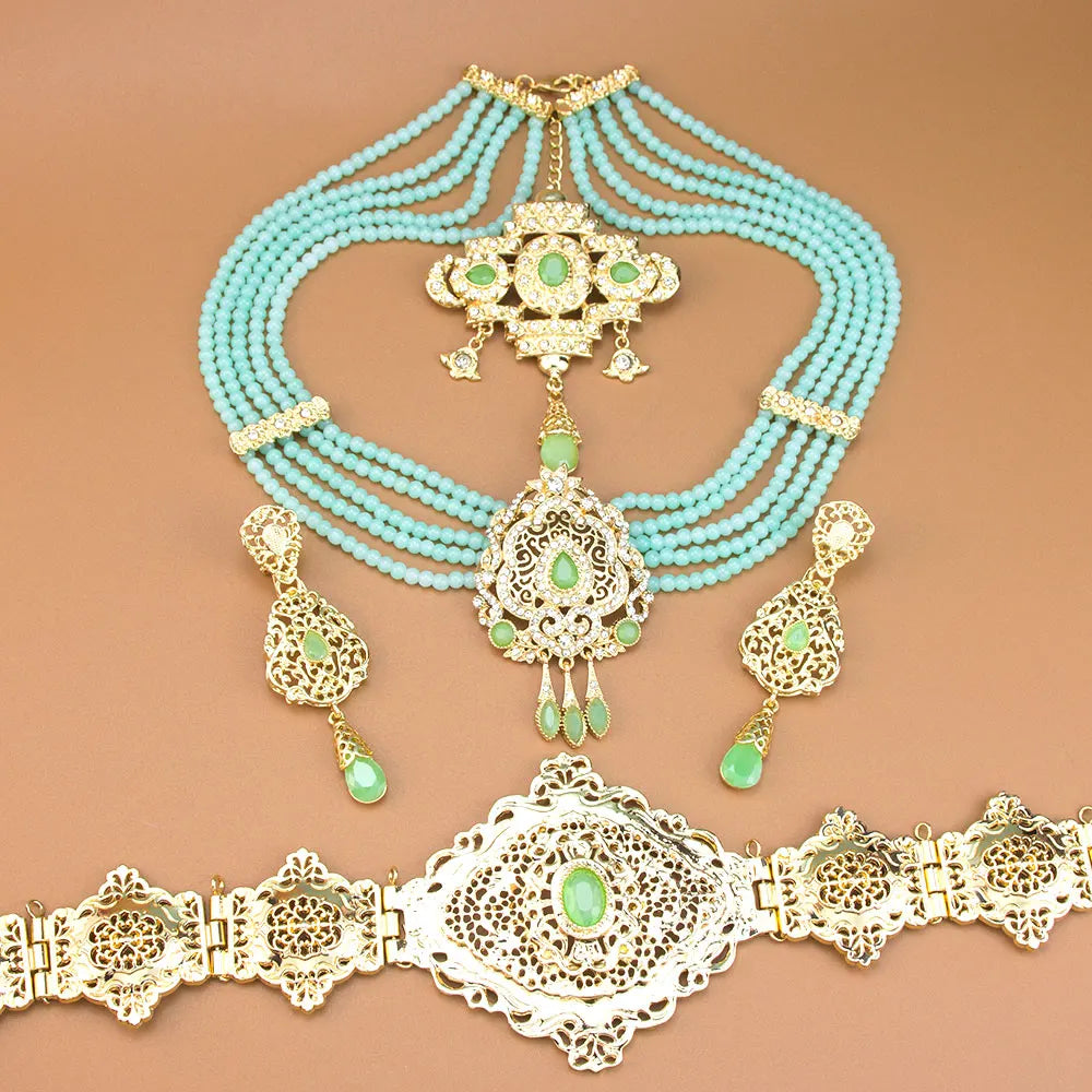 Sunspicems Gold Color Morocco Caftan Belt Waist Chain Women Beads Chain Choker Necklace Long Earring Arab Bridal Wedding Jewelry