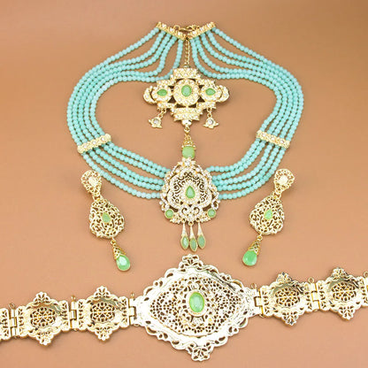 Sunspicems Gold Color Morocco Caftan Belt Waist Chain Women Beads Chain Choker Necklace Long Earring Arab Bridal Wedding Jewelry