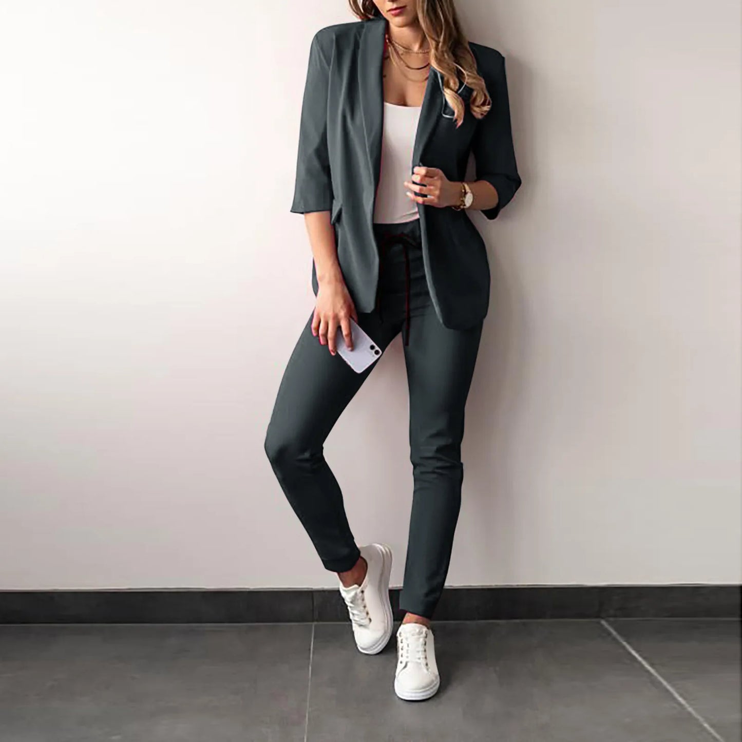 Women's Monochrome Casual Business Suit Temperament Commuting Pants Drawstring Elastic Waist Fashion Slit Suit Two-piece Set