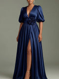 Elegant Women's Navy Satin Formal Evening Gown Puff Sleeve Deep V Neck High Slit Maxi Dress Plus Size Wedding Guest Party Dres