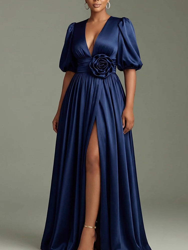 Elegantes Damen-Abendkleid aus marineblauem Satin mit Puffärmeln, tiefem V-Ausschnitt, hohem Schlitz, Maxikleid, Übergröße, Hochzeitsgast, Partykleid