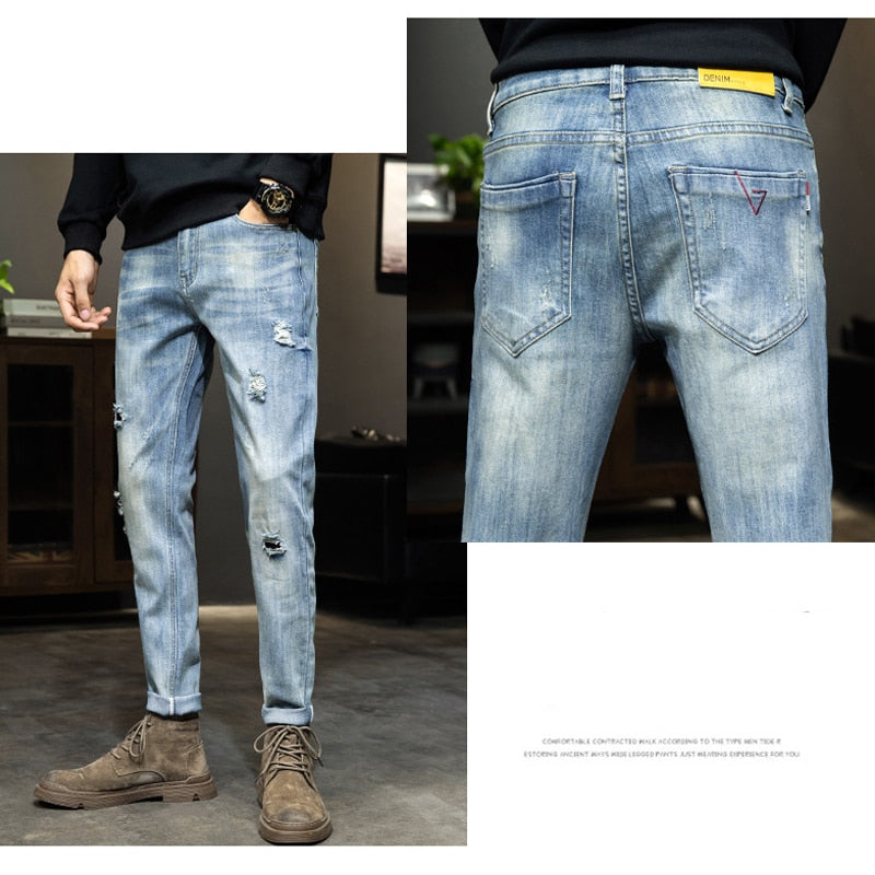 Korean Fashion Streetwear Cotton Men&#39;s Jeans Man Hole Denim Pants Classic Clothes Overalls Straight Trousers for Men Large Size