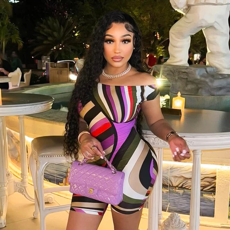 CUTENOVA Colorful Striped Print Playsuits Women Sexy Off Shoulder Short Sleeve Slim One Piece Overalls 2024 Summer Y2K Streetwea