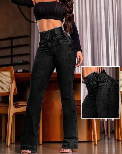 ALLUKASA  autumn winter  Elegant High Waist Button Front Casual Female Jeans Sexy  Fashion Back Shirred Trouser Bottom