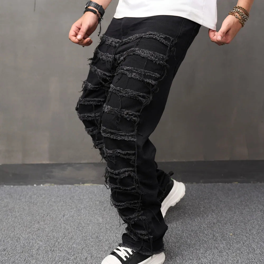 Men's stacked Spliced Jeans Hip Hop Straight Denim Trousers Men Biker Jeans Streetwear Loose Male Motorcycle Denim Pants