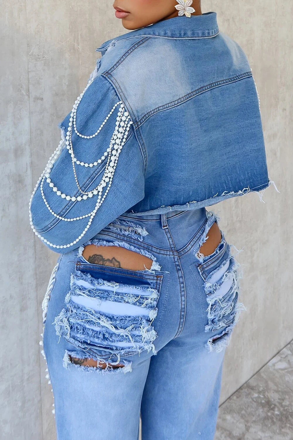 Plus Size Party Blue Shirt Collar Long Sleeve Pearls Denim Jacket Outwear