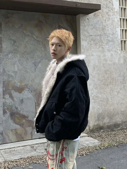 American Retro Woolen Collar Hooded Cotton Jacket Winter Thick Plush Top Men Street Hip-Hop Gothic Harajuku Oversize Jacket Coat