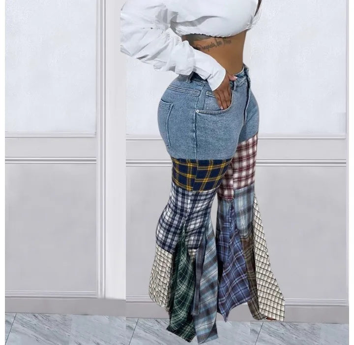 Women Jeans  Summer Fashion Spliced Houndstooth Denim Ruffle Edge Flared High Waist Jeans Pants Female Trousers Streetwear