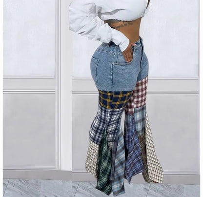 Women Jeans  Summer Fashion Spliced Houndstooth Denim Ruffle Edge Flared High Waist Jeans Pants Female Trousers Streetwear