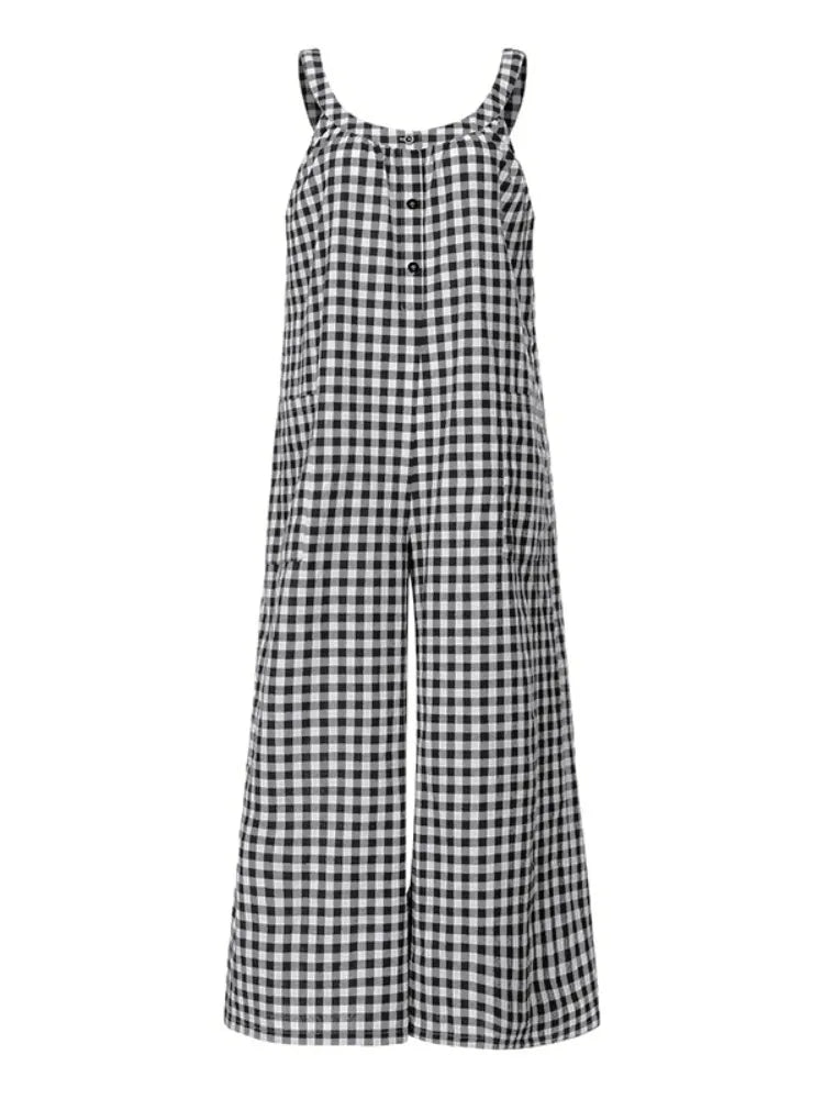 Celmia  Vintage Wide Leg Pants Jumpsuits Fashion Women Plaid Playsuits Summer Bohemian Casual Sleeveless Trousers Overalls