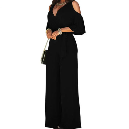 Spring And Autumn Women Jumpsuit Hollowed Out Strapless Solid Color Women Jumpsuit V-neck High Waist Belt Wide-leg Pant