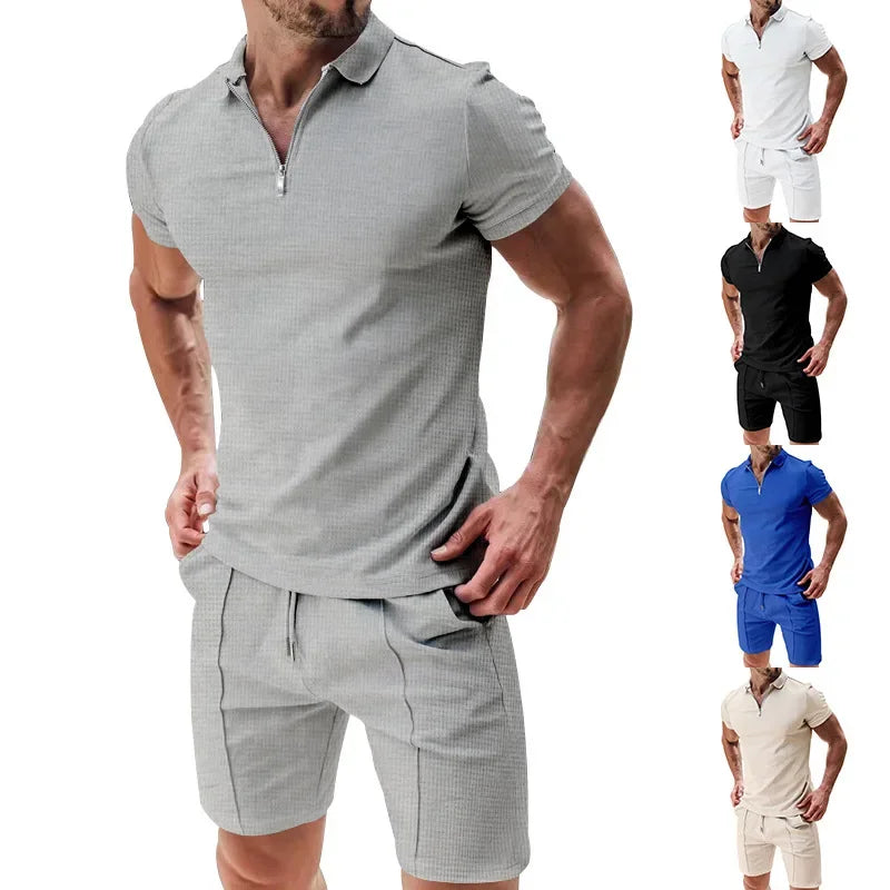 2025 Summer Men's Polo Shirt Set Solid Color Waffle Short Sleeve Slim Fit Collar T-shirt Casual Men's Set