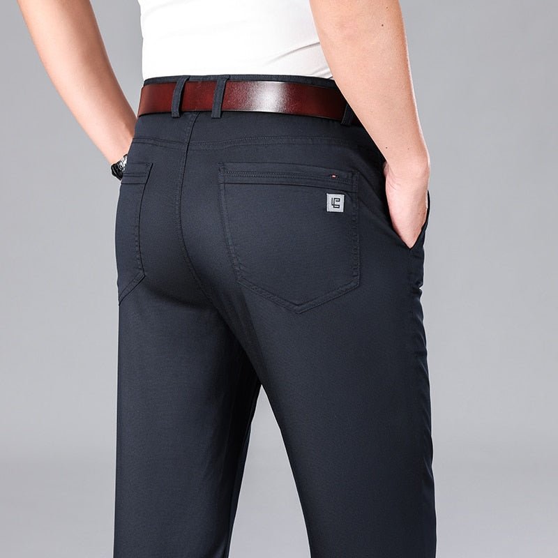 Pantaloni casual subțiri de lux pentru bărbați din țesătură lyocell de vară, în stil clasic, pantaloni largi, drepti, elastici, de afaceri, marcă masculină, negru