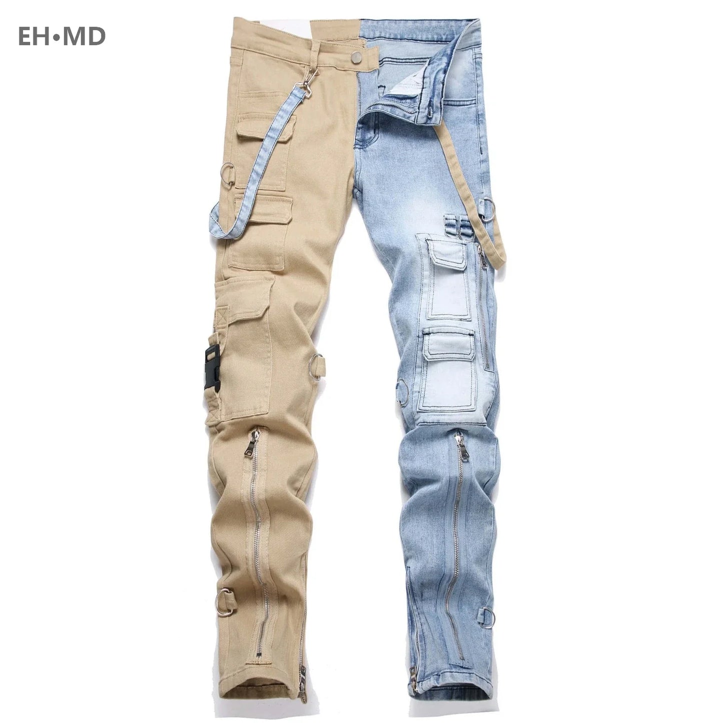 Large Pocket Double Button Jeans Men's Panel Pants Heterochromatic Legs Holes 3D Cotton Zipper Fit Elastic High Street Pendant 2