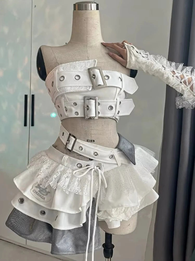 Vintage Summer Elegant Y2K Woman 2 Piece Sets Punk Gothic Strapless Crop Tops +High Waist Ruffle Skirt Female Party Outfits