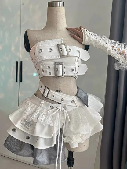 Vintage Summer Elegant Y2K Woman 2 Piece Sets Punk Gothic Strapless Crop Tops +High Waist Ruffle Skirt Female Party Outfits