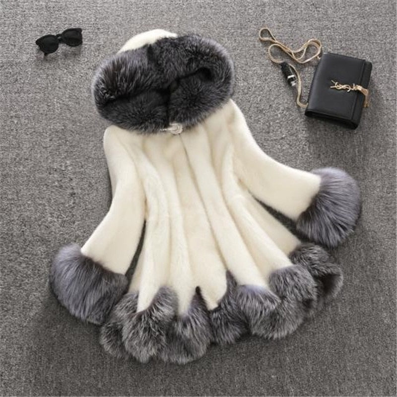 Faux Fur Coat Women's Autumn and Winter Mink Fur Coat Fox Collar Hooded Jacket Top Fur Women's Christmas Dress Autumn and Winter