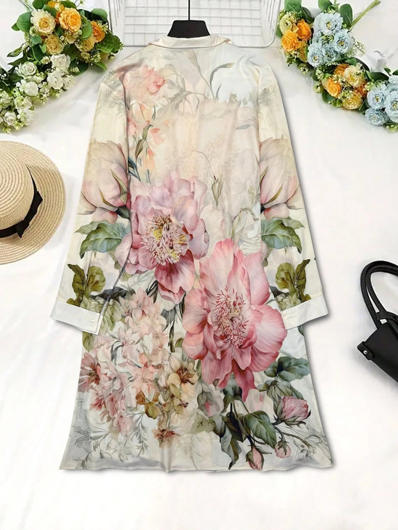 Plus Size Women's Vintage Chic Floral Print Long Sleeve Shirt Dress