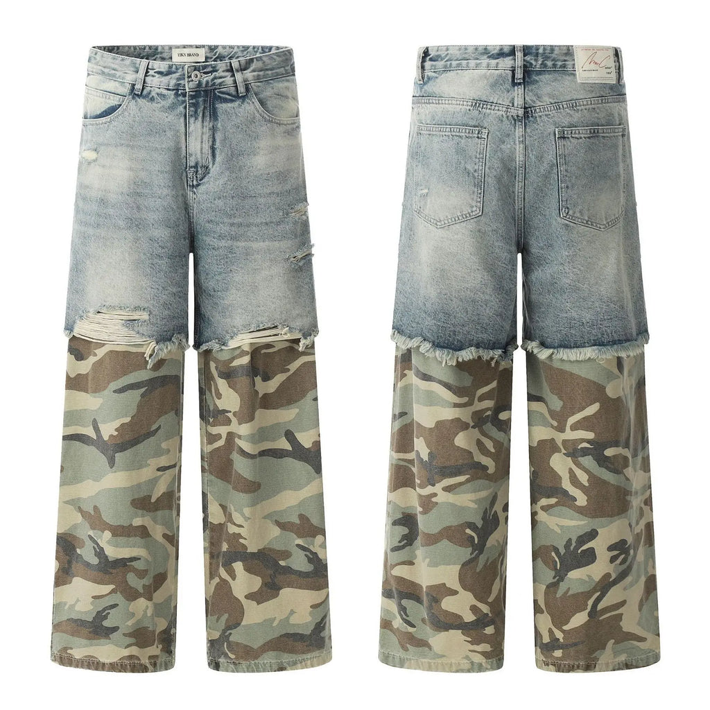 PFNW Niche Design Men's Jeans Washed Distressed Colorblock Splic Fake Two Piece Loose Straight Trousers Wide Leg Pants 28W5474