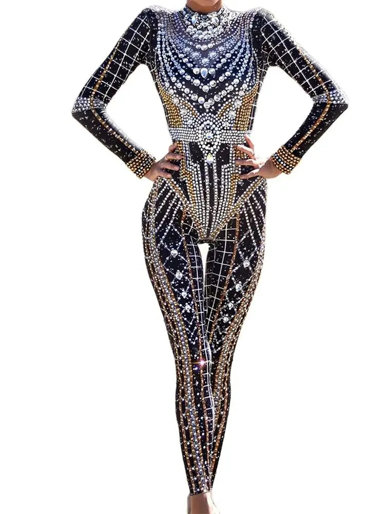 Shining Rhinestones Showgirl Performance Costumes Fashion Nightclub Dancer Pole Dancing Stage Costumes Acrobatic Women Jumpsuit