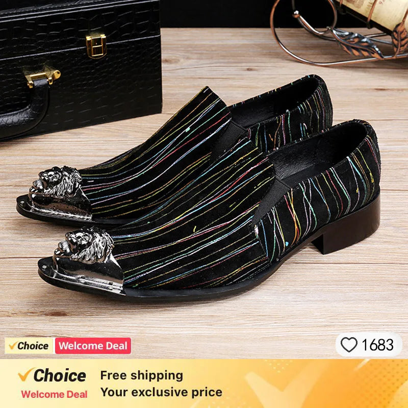 new arrival red genuine leather pointed toe metal tip crystal  handmade men leather dress shoes fashion hairdresser shoes