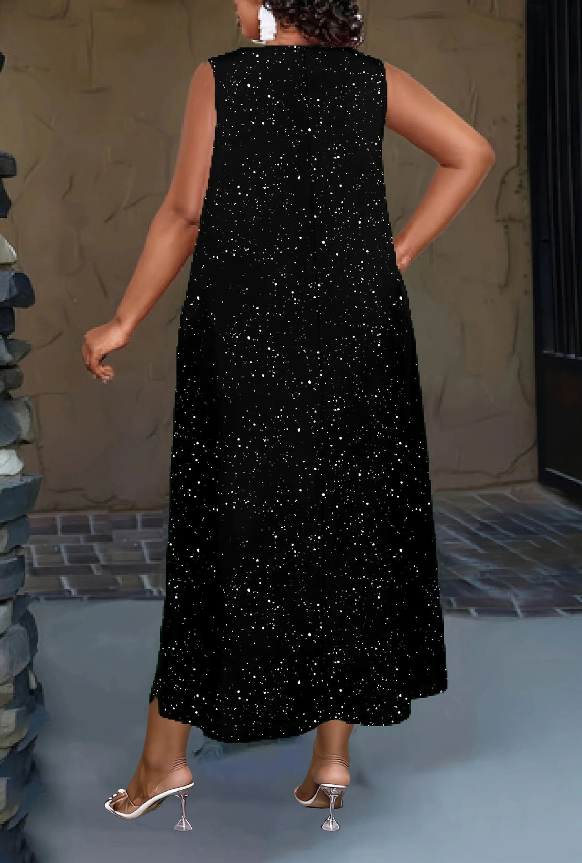 plus Size European And American Cross-Border Spring/Summer New Style Women's Solid-Color Powder-Sprinkled Dress