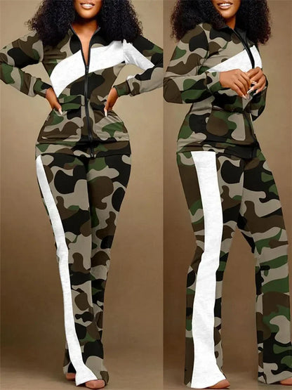Spring Autumn Two Piece Sets Women Geometric Print Zip Up Top Coat Pants Set Outifits Fashion Tracksuit Casual Elegant Suit