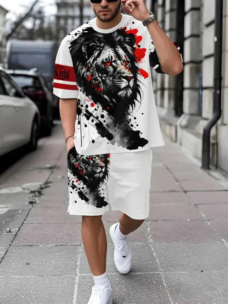 Herren Sommer Kurzarm-Set Hip-Hop Cartoon Bären-Print Kurzarm-Oberteil Shorts Lässiger Zweiteiler Outdoor Urban Street Fashion