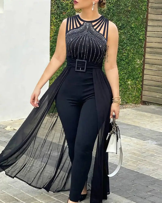 2024 Fashionable and elegant Women's Sexy Round Neck Rhinestone Sheer Mesh Sleeveless Jumpsuit With Belt Party Club Jumpsuit