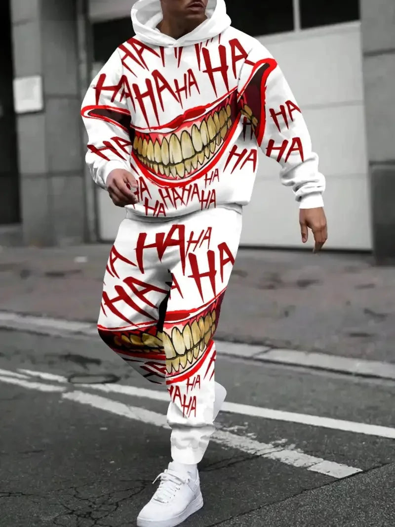 The 2025 Spring and Autumn new men's hoodie set features a casual fashionable and comfortable 3D smiling face pattern print