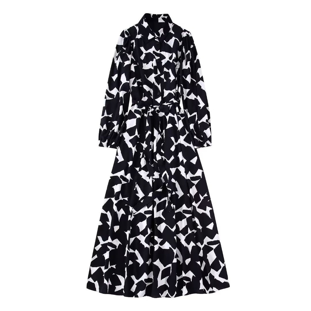 Zevity New Women Vintage Graffiti Print Casual Slim Sashes Midi Shirt Dress Female Chic Long Sleeve Business Vestidos DS2061
