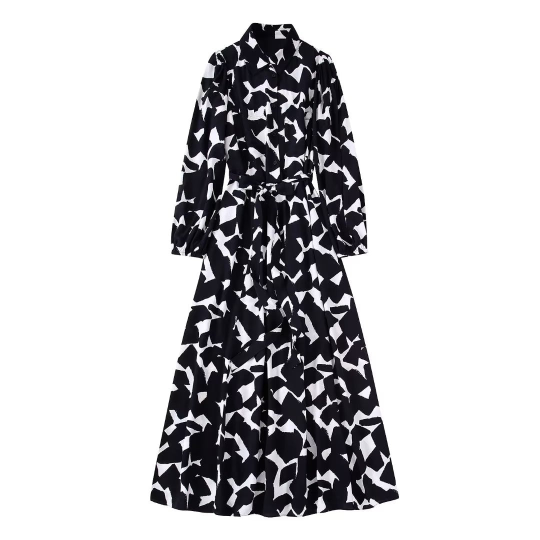 Zevity New Women Vintage Graffiti Print Casual Slim Sashes Midi Shirt Dress Female Chic Long Sleeve Business Vestidos DS2061