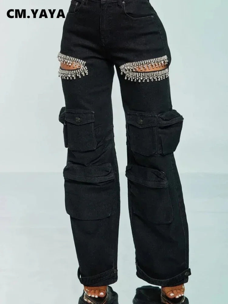CM.YAYA Women Cutout Diamonds Crystal Hollow Out Straight Denim Pants  Fall Multi Pocket High Waist Wide Leg Jeans Trousers