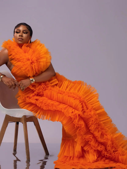 Stunning Orange Ruffle Tulle Evening Dresses 2026 New Pleated Tiered Formal Prom Gown Party Dress for Photoshoot Red Carpet Gown