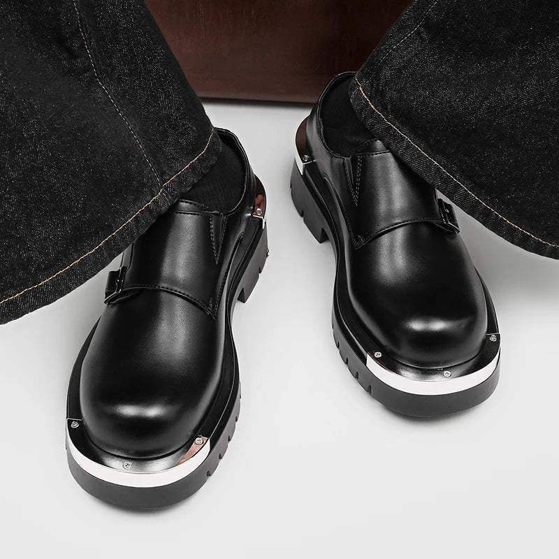 Men Fashion Paris Derby Shoes Punk Style Metal Big Head Double Breasted Decoration New Thick Bottom Height Increase Men's Dress Shoes