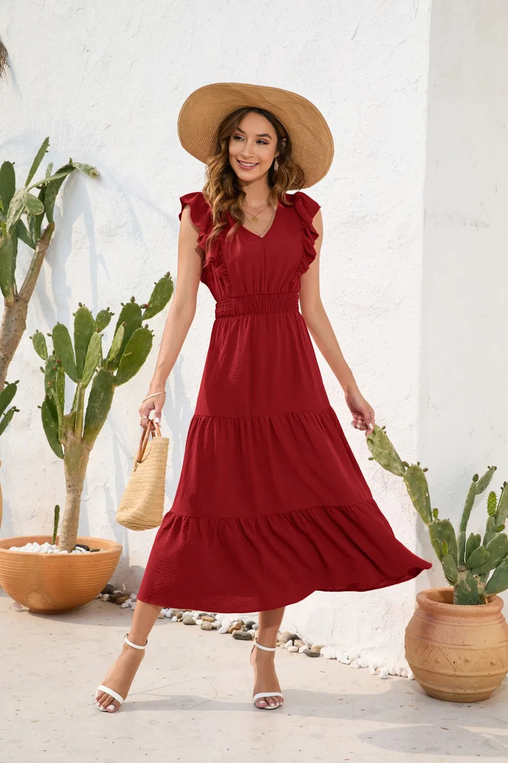 Summer Woman Dress V Neck Sleeveless Red Dresses High Waist A Line Green Maxi Dress Tiered Skirt Boho Black Casual Dress