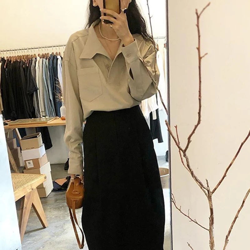 Y2k Harajuku Women Shirts Korean Loose Stand Collar Pockets Female Blouse Autumn Fashion All Match Chic Button Ladies Casual Top