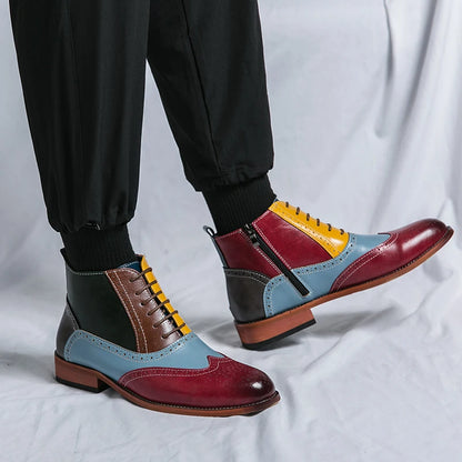 Luxury Fashion Men Leather Boots Flats British Style Sharp Pointed Color Matching Men Shoes Mens Slip-on Outdoor Flats Size 48