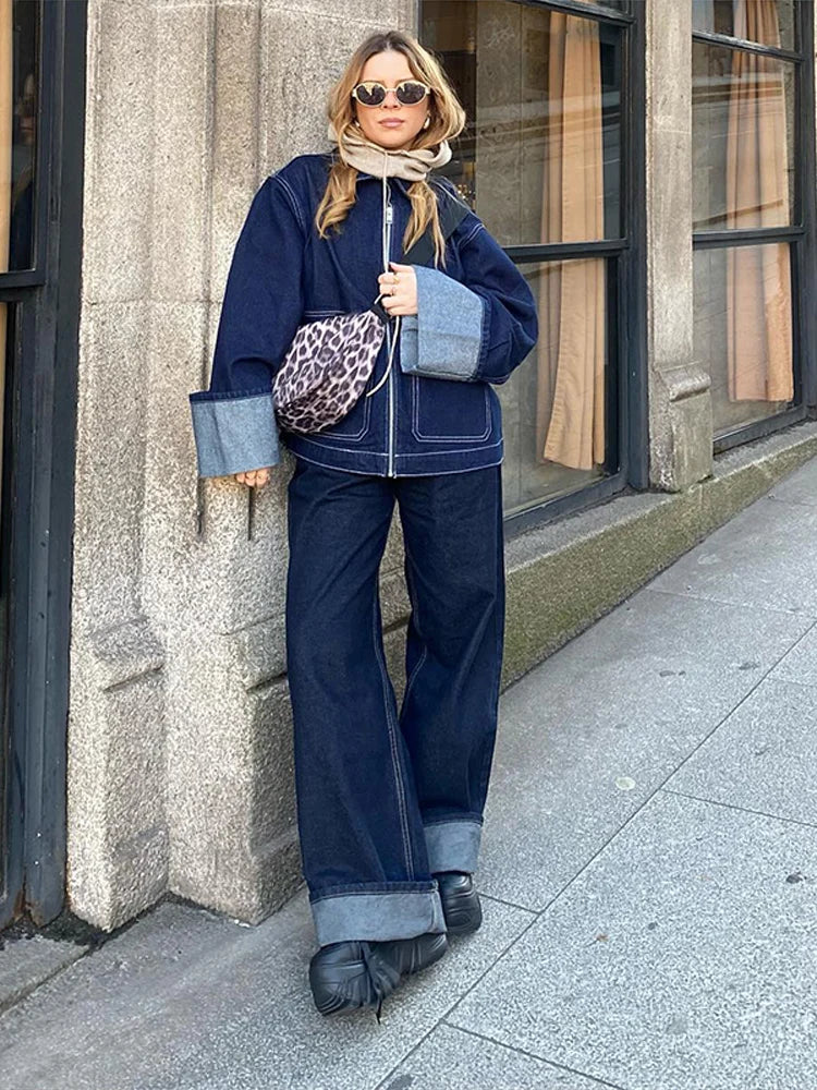 Fashion Denim Jacket Set Women Lapel Single Breasted Long Sleeve Coat Straight Jeans Pants 2025 Spring Lady  High Street Outfits