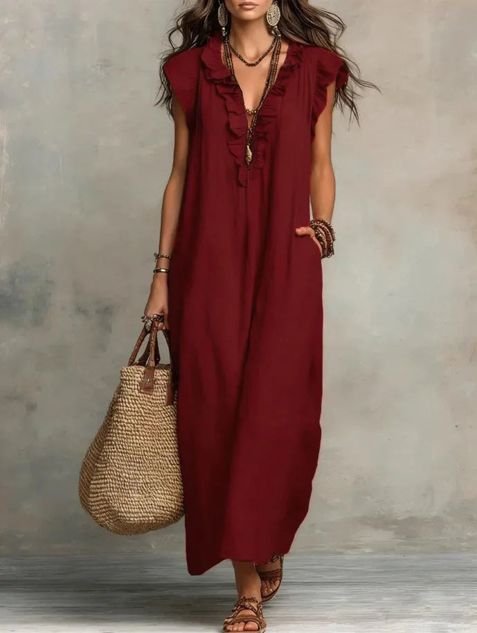 Women's Retro Bohemian Ruffle Linen Maxi Dress, Ruffle V-Neck Sleeveless Loose Summer Dress with Pockets, Summer Casual High-Waist Loose Beach Maxi Dress, Sunny Dress with Flutter Sleeves and Floor-Length Skirt