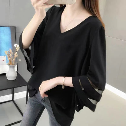 Summer Solid V-neck Mesh Patchwork Loose Casual Shirt Top Women Half Sleeve Oversized Fashion Blusa Simple Pullover Blouse